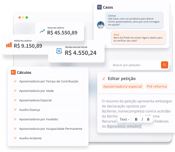 Interface da plataforma Previdenciarista mostrando cálculos previdenciários e petições