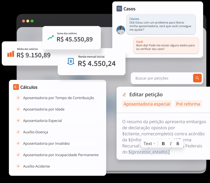 Interface da plataforma Previdenciarista mostrando cálculos previdenciários e petições