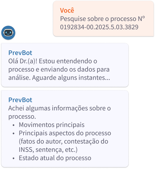 Chat do PrevBot analisando um processo judicial e apresentando pontos importantes