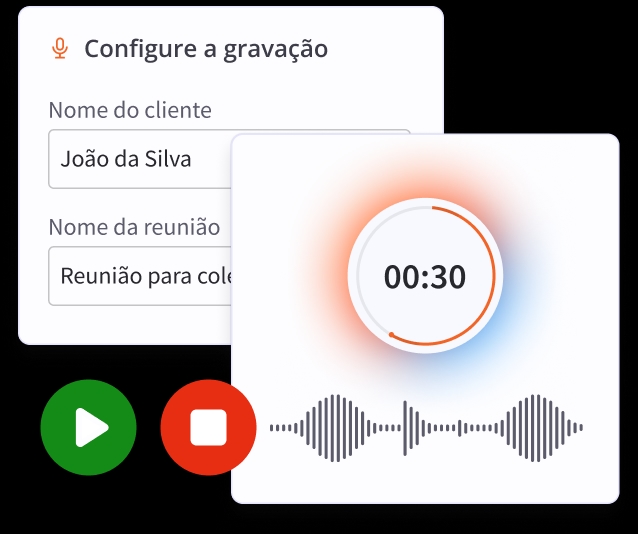 Tela do gravador de reuniões com tempo e waveform de áudio