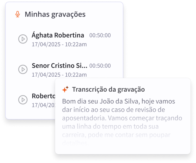 Lista de gravações com transcrição associada ao cliente
